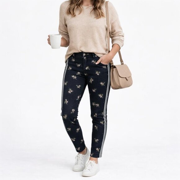 Marc Cain Denim - Marc Cain Floral Print Jeans Side Stripes Stretch Skinny Pants Treasure sz 25